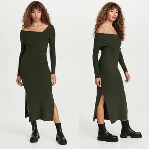 Line & Dot Olive Green Off-Shoulder Ribbed Knit Midi Dress